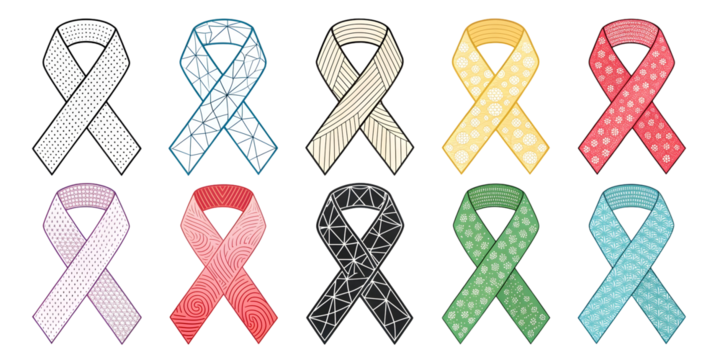 Twelve Awareness Ribbons Illustrated with Diverse Patterns Two Columns of Six Colorful Symbolic Ribbons for Awareness Campaigns - Powered by Adobe