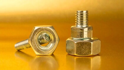 Three metallic fasteners—two bolts and a hex nut—rest on a reflective golden surface. A minimalist study in tension, structure, and industrial elegance against a backdrop of precision and contrast.