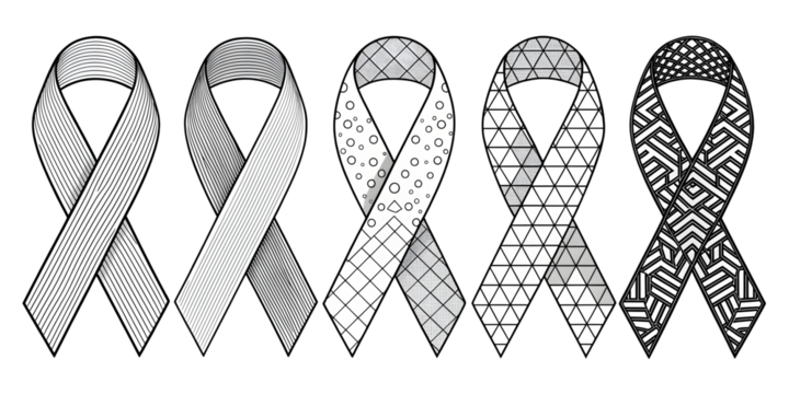 Six Black and White Awareness Ribbons Arranged in Two Columns Each Ribbon Featuring a Unique Geometric Pattern Stripes Dots Triangles and Maze Designs