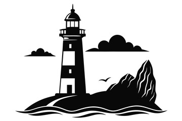 Lighthouse Silhouette on Rocky Coastline with Clouds and Bird on White Background