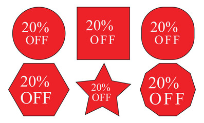 Red 20% OFF Discount Tags Shapes Set