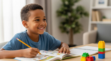 Homeschooling kid enjoys learning at home with a pencil and book, smiling warmly. Homeschooling kid is an apt setting for studying in comfortable environment.