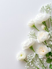 Aesthetic flat lay of white and beige seasonal flower, generation AI 