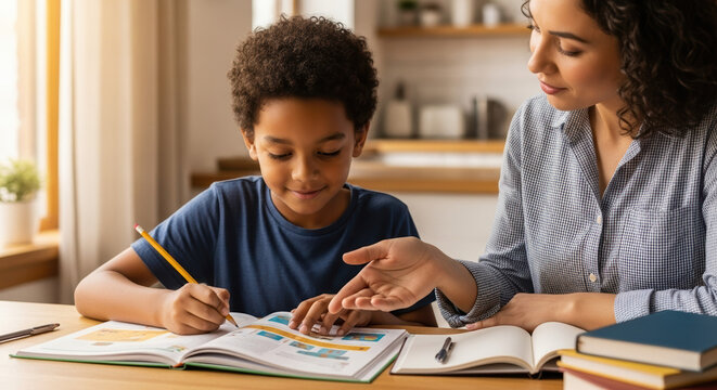 Homeschooling kid writes in notebook, with teacher at table overseeing his work. Homeschooling kid receives support from mother during learning activities, focused and engaged in education.