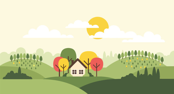 Flat illustration of a countryside house surrounded by colorful trees on rolling green hills under a bright sun, ideal for eco living, rural lifestyle, travel, and seasonal design themes
