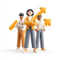 Three stylized characters stand confidently, showcasing teamwork and collaboration. They are surrounded by upward arrows, symbolizing growth and progress in a creative, minimalist design.