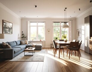 Fototapeta premium Bright and airy living room with modern furniture and natural light streaming through