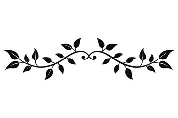 Symmetric Branch with Leaves Silhouette, Isolated on White Background, Floral Ornament