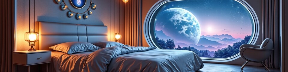 Naklejka premium Cozy bedroom with futuristic moon view window and dreamy night sky
