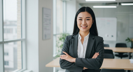 Portrait of a smiling asian businesswoman in a suit with arms crossed in an office setting near a window
