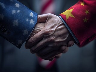 Hands shaking with American and Chinese flags