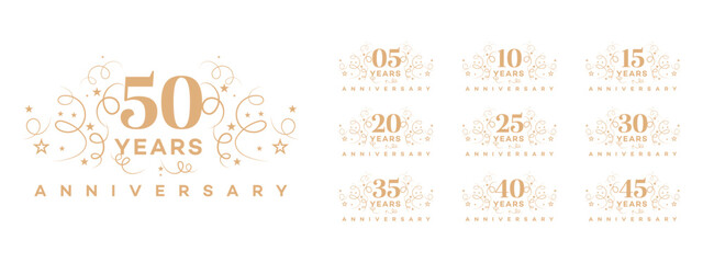 Anniversary Logos 5, 10, 15, 20, 25, 30, 35, 40, 45, 50 Years  Gold Design Set