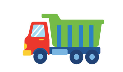 Brightly colored cartoon dump truck with a red cab and a green striped cargo bed isolated on a white background for children s illustrations
