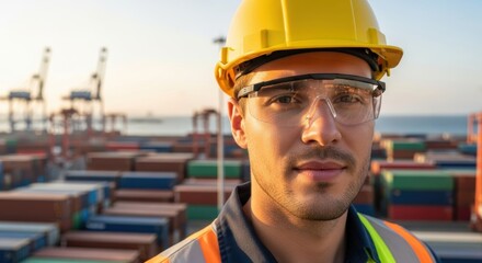 Confident engineer at container port wearing safety gear against industrial backdrop