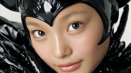 Unique futuristic fashion design featuring a model with glossy black attire and striking makeup at a studio setting