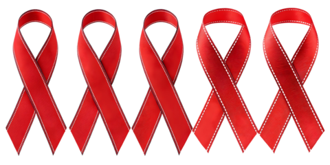Six Red Ribbons Arranged in Two Columns Against a Black Background Each Ribbon Features a White Stitch Detailing Creating a Symmetrical and Visually Striking Composition Ideal