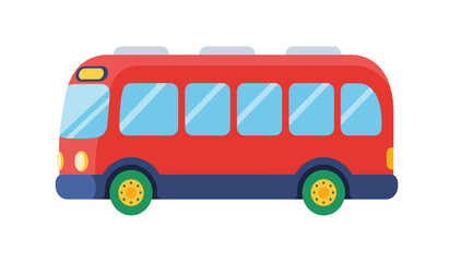 A vibrant cartoon illustration of a cheerful red school bus with large windows and colorful wheels isolated on a white background perfect for children s educational content