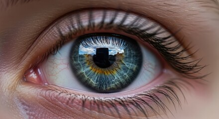 Fototapeta premium Close-up of a human eye with cityscape reflection capturing detailed iris patterns and eyelashes