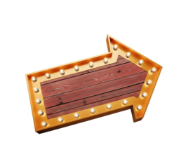 Wooden arrow sign with golden frame and lights isolated