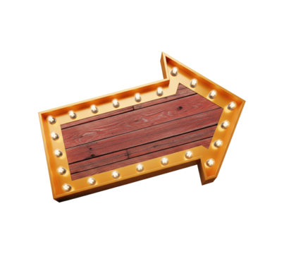 Wooden arrow sign with golden frame and lights isolated