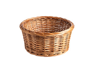 Fototapeta premium An empty handmade brown wicker basket with a traditional weave pattern is isolated on a white background