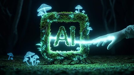 A glowing green neon cube with the letters AI, surrounded by glowing mushrooms against the backdrop of a dark futuristic forest and a human energy hand. The concept of AI in a fantasy nature setting - Powered by Adobe