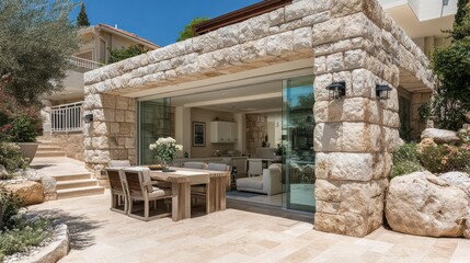 Fototapeta premium An open-air dining area with a modern stone structure and glass doors, bathed in natural light.