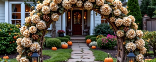 an eco conscious archway designed for halloween, decorated with dried hydrangeas, pumpkins reused after season, solar lanterns, spooky effect with green focus.