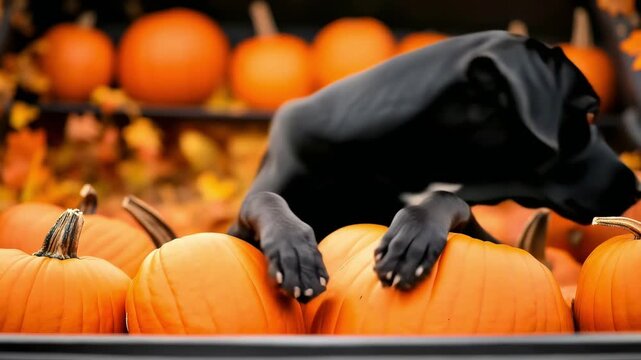 Pumpkin harvest in autumn or fall. Cute black hunting dog is sitting in trailer and guarding pumpkins. Beautiful, colorful autumn background