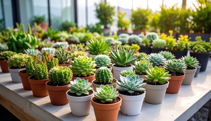 Numerous succulents in small terracotta and white pots arranged on a table, bathed in sunlight