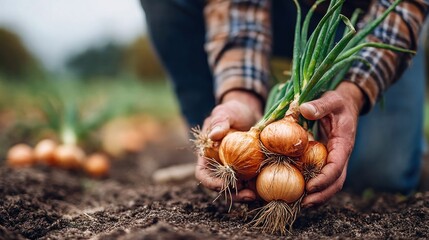 A farmer holds a freshly harvested bunch of onions, showing their bulbs and green stalks. The image is captured outdoors, in the soil.
