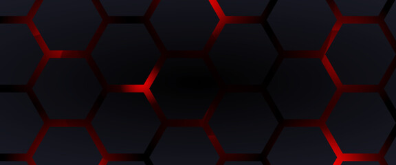 Futuristic hexagon technology background with glowing red edges on dark gradient. Modern digital vector design for tech, gaming, innovation, and cyber themes.
