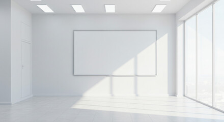 Fototapeta premium A bright white room with a large whiteboard and windows letting in sunlight creating shadows on the floor