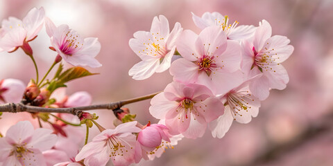Obraz premium Closeup Macro Photography of Delicate Pink Cherry Blossoms on a Branch Soft Focus Background Showing Petals Stamens and Buds