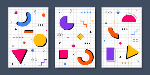 Modern Memphis posters and backgrounds with abstract geometric shapes, bright colors, simple patterns, and retro 80s feels, ideal for cards or story templates. Vector illustration
