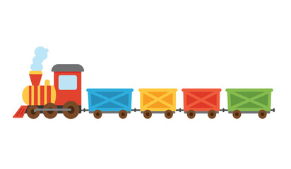 A classic red steam locomotive pulling a colorful freight train with blue yellow red and green cargo cars on a white background © rsvect02