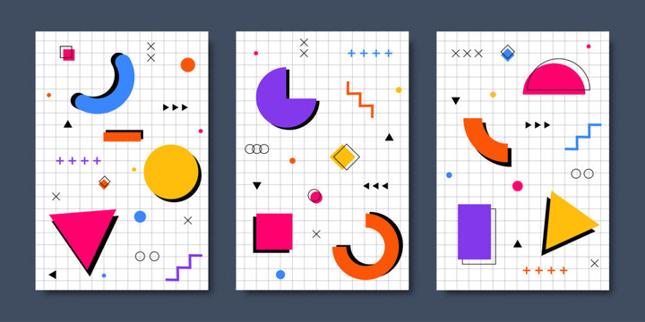 Modern Memphis posters and backgrounds with abstract geometric shapes, bright colors, simple patterns, and retro 80s feels, ideal for cards or story templates. Vector illustration