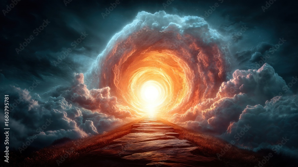 Wall mural a glowing pathway leads towards a bright light within swirling clouds, creating a sense of wonder an