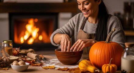 Woman preparing autumn treats in cozy kitchen with pumpkins and leaves by fireplace