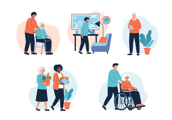 Compassionate Caregivers Providing Assistance and Support to Elderly Individuals in Various Daily Life Scenarios