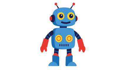 Adorable blue cartoon robot character with big eyes and red gloves standing with a friendly expression on a white background