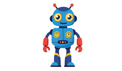 A friendly and cheerful cartoon blue robot with big yellow eyes and red accents stands on a white background ready for adventure and learning
