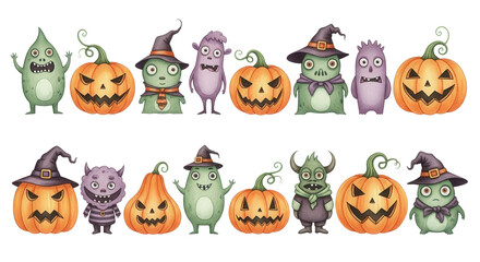Adorable Halloween monsters and jack-o'-lanterns create a fun festive scene perfect for seasonal celebrations and decorations