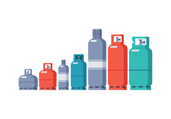 Diverse collection of compressed gas cylinders in varying sizes and colors presented in a clear vector illustration