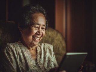 Smiling elderly woman using tablet in cozy living room