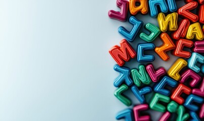 A vibrant composition featuring an array of colorful letter magnets scattered on a soft blue background. The playful arrangement creates an appealing visual.