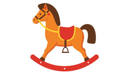 A classic wooden rocking horse toy with a red saddle and bridle isolated on a white background evoking childhood nostalgia and playtime