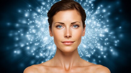 Radiant woman portrait, illuminated beauty on a blue background studio photography.