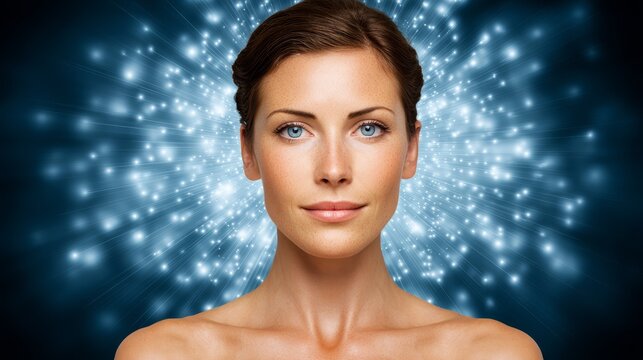 Radiant woman portrait, illuminated beauty on a blue background studio photography.