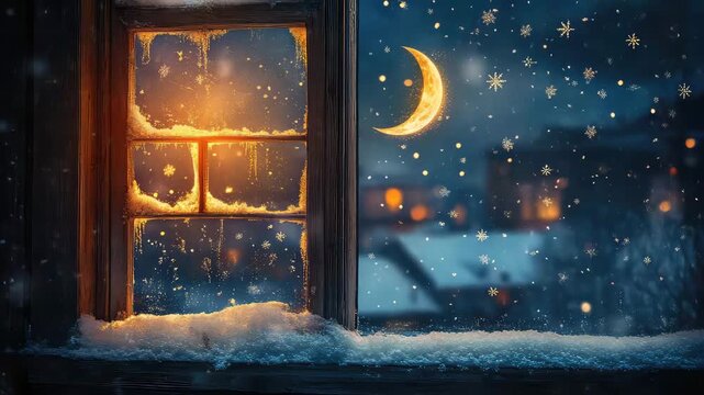 a windrow scene in winter with moonlight